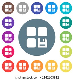 Save component flat white icons on round color backgrounds. 17 background color variations are included.