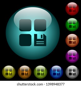 Save component icons in color illuminated spherical glass buttons on black background. Can be used to black or dark templates