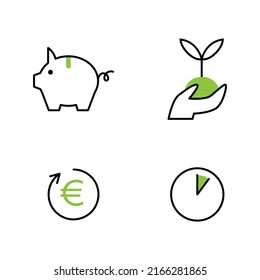 Save concept line icons.  Save time and money. Piggy bank, plant in hand, money back and fast deadlines.