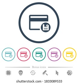 Save credit card flat color icons in round outlines. 6 bonus icons included.