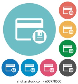 Save credit card flat white icons on round color backgrounds