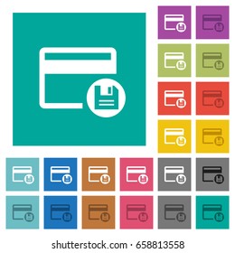 Save credit card multi colored flat icons on plain square backgrounds. Included white and darker icon variations for hover or active effects.