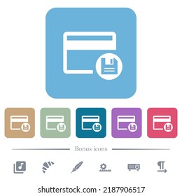 Save credit card white flat icons on color rounded square backgrounds. 6 bonus icons included