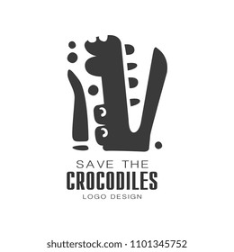 Save the crocodiles logo design, protection of wild animal black and white sign vector Illustrations on a white background