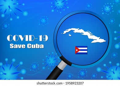 Salven a Cuba para detener la señal de virus. Las células del virus Covid-19 o el virus de la corona y las bacterias se cierran aisladas en fondo azul,Afiche Anuncio Volantes Vector Ilustración.