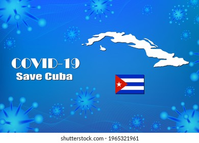 Save Cuba for stop virus sign. Covid-19 virus cells or corona virus and bacteria close up isolated on blue background,Poster Advertisement Flyers Vector Illustration.