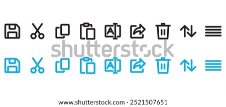 Save, cut, copy, paste, rename, share, delete, sort and view simple icon. Blue icon. Document options icons. File option icons set. Tools vector sign in transparent background. Eps10