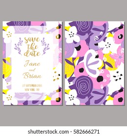 Save the data card template. Wedding invitation, baby shower, menu, flyer, banner template with free hand floral background.