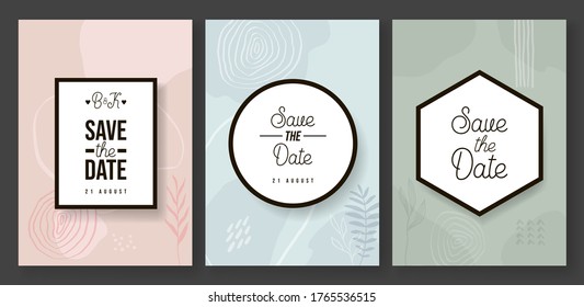 Save the data in frame. Vector flat illustration. Design different elegant frames with element doodle and leaves. Contemporary wedding frames or for other holidays.