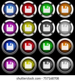 Save data white icons in round glossy buttons with steel frames on black background. The buttons are in two different styles and eight colors.