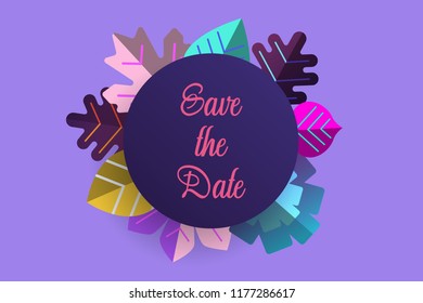 save the date with 2018 trend colors leaves in purple background. EPS 10. vector illustration. 