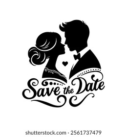 Save the date announcement featuring a couple silhouette with elegant design elements for wedding celebrations