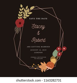 save the date with autumn floral and geometric frame