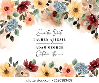 save the date with autumn floral watercolor frame