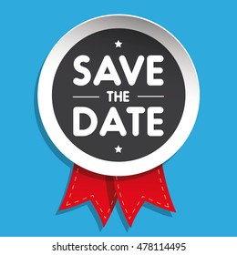 Save The Date badge with red ribbon