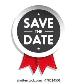 Save The Date badge with red ribbon