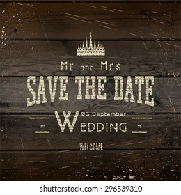 Save the date badges cards and labels, can be used to design wedding cards, presentations, invitations on wooden background texture
