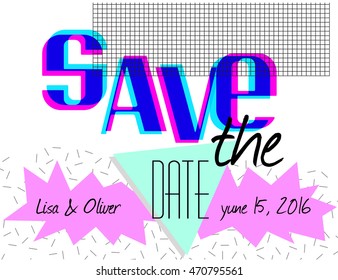 Save the date, blank for cards, Geometric retro 80`s and webpunk style, abstract colorful shapes on a white background. vintage style, wedding invitation template, vector EPS 10