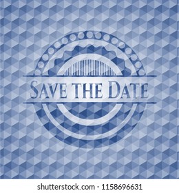 Save the Date blue emblem with geometric pattern background.