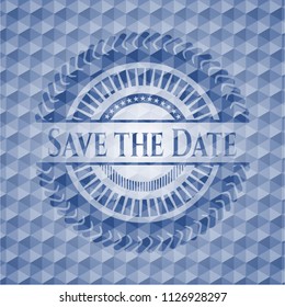Save the Date blue hexagon emblem.