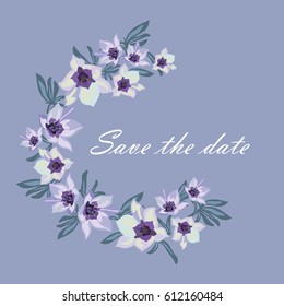 Save the date, blue wedding invitation card template with hand drawn flower. Minimal design. Vector illustration.
