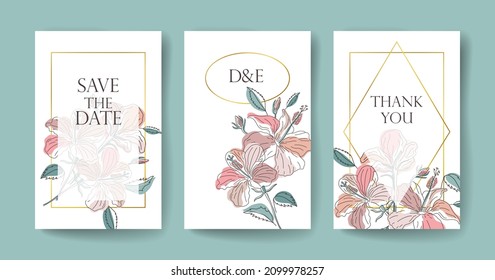 Save the Date. Boho wedding invitation cards set. Template based on floral background with hibiscus and gumamela flowers. Set consists of three floral template. Beautiful postcard templates.