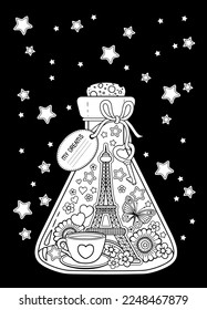 Save the date, bottle with dreams of traveling to Paris. A bottle with butterfly, ladybug, leaves, cup of coffee, valentines and Eiffel Tower. Vector Coloring book page for adults on black background