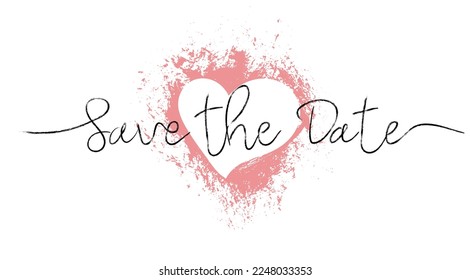 Save the date brush hand lettering with heart. Wedding phrase. Typography vector design for greeting cards, invitations and poster. Handwritten modern black pen lettering. Black text with swashes