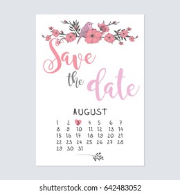 Save the date with calendar in pink color  for wedding