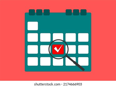 Save date in calendar vector icon with magnifying glass. Book an appointment icon.