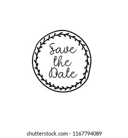 Save the Date calligraphy. Hand lettering wedding phrase for invitations design, cards, banners, photo overlays. Isolated on white background.