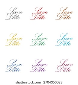 Save the date calligraphy icon isolated on white background. Set icons colorful