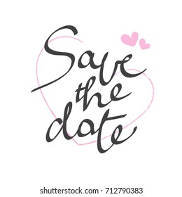 Save the Date calligraphy lettering. Creative vector hand drawn poster, banner, badge, card. Black letters with pink heart isolated on white background.
