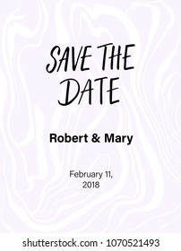 Save the date calligraphy on serene pastel marbled background.