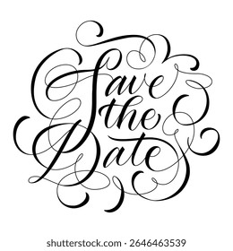 Salve a data. Texto caligráfico. Inscrição desenhada à mão para convite de casamento. Isolado no fundo branco.