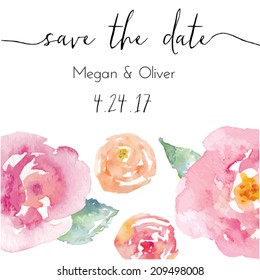 Save The Date Calligraphy Text With Vector Watercolor Flowers