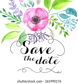 Save The Date Calligraphy Text With Watercolor Flowers