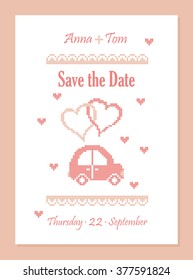 Save the Date. Car. Honeymoon. Wedding invitation card. Vector illustration.