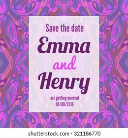 Save the date card with abstract doodle background. Stock vector.