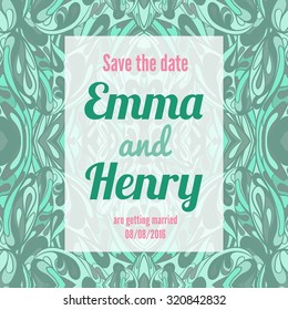 Save the date card with abstract doole background. Stock vector.