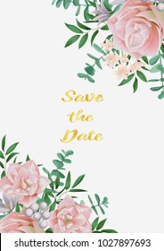 Save the Date card with amaryllis flowers, herb, bushes branches with leaves in watercolor style. Greenery botanical template with text place for wedding invite, greeting, birthday card and covers.
