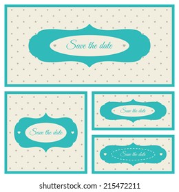 Save the date card. Azure and cream frame on a polka dot background. For wedding, party, baby shower etc.