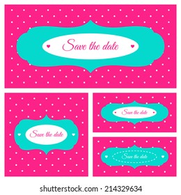 Save the date card. Azure and white frame on a hot pink polka dot background. For wedding, party, baby shower etc.