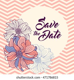 Save the Date card with background chevron pattern and flowers. Round frame for text. Save the Date lettering. Wedding invitation, vector illustration. Lavender and coral colors.