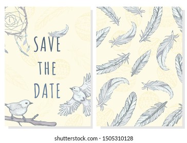 Save the date. Card with birds and feathers. Feather Background