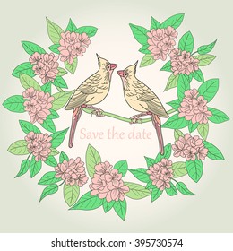 Save the date. Card with birds and flowers.