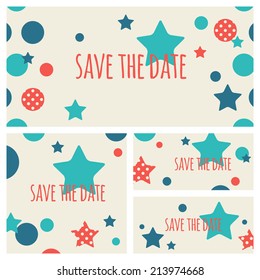 Save the date card. Blue, azure and red polka dot stars on a cream background. For wedding, party, baby shower etc.