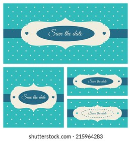 Save the date card. Blue and cream frame on an azure polka dot background. For wedding, party, baby shower etc.
