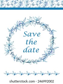 Save the date card with blue watercolor leaves. Circle ornament, ornamental round lace. Vector illustration.