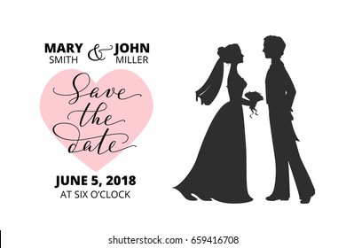 Save the date card.  Bride and groom silhouettes and hand written custom calligraphy isolated on white. Wedding invitation template. 